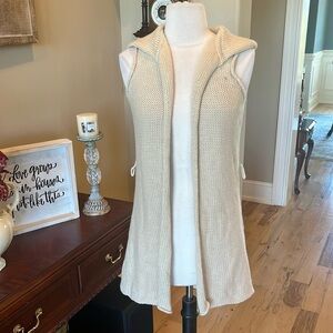 Moda International Beige Hooded Crochet Long Vest Sweater Womens XS Cotton